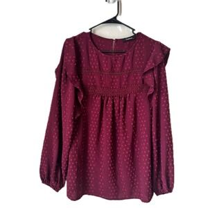 Fashion Burgundy Swiss Dot Ruffle Crochet Lace Long Sleeve Blouse Top Large
